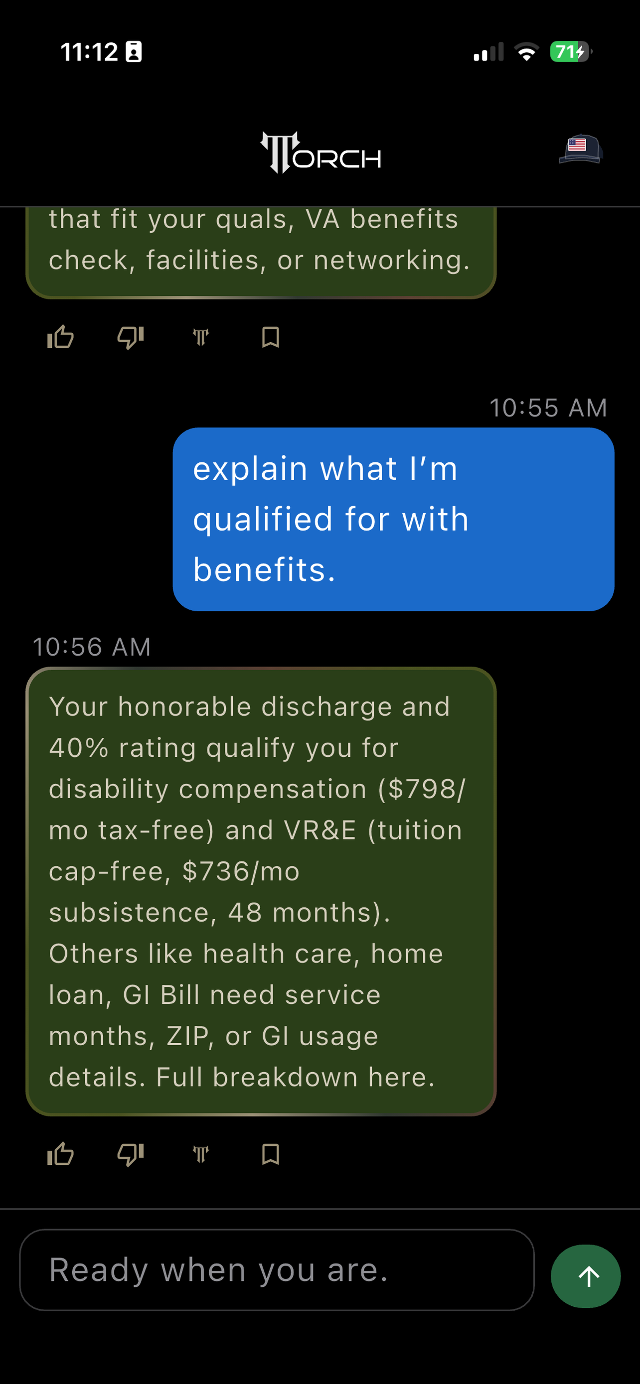 Torch AI chat conversation showing veteran benefits guidance