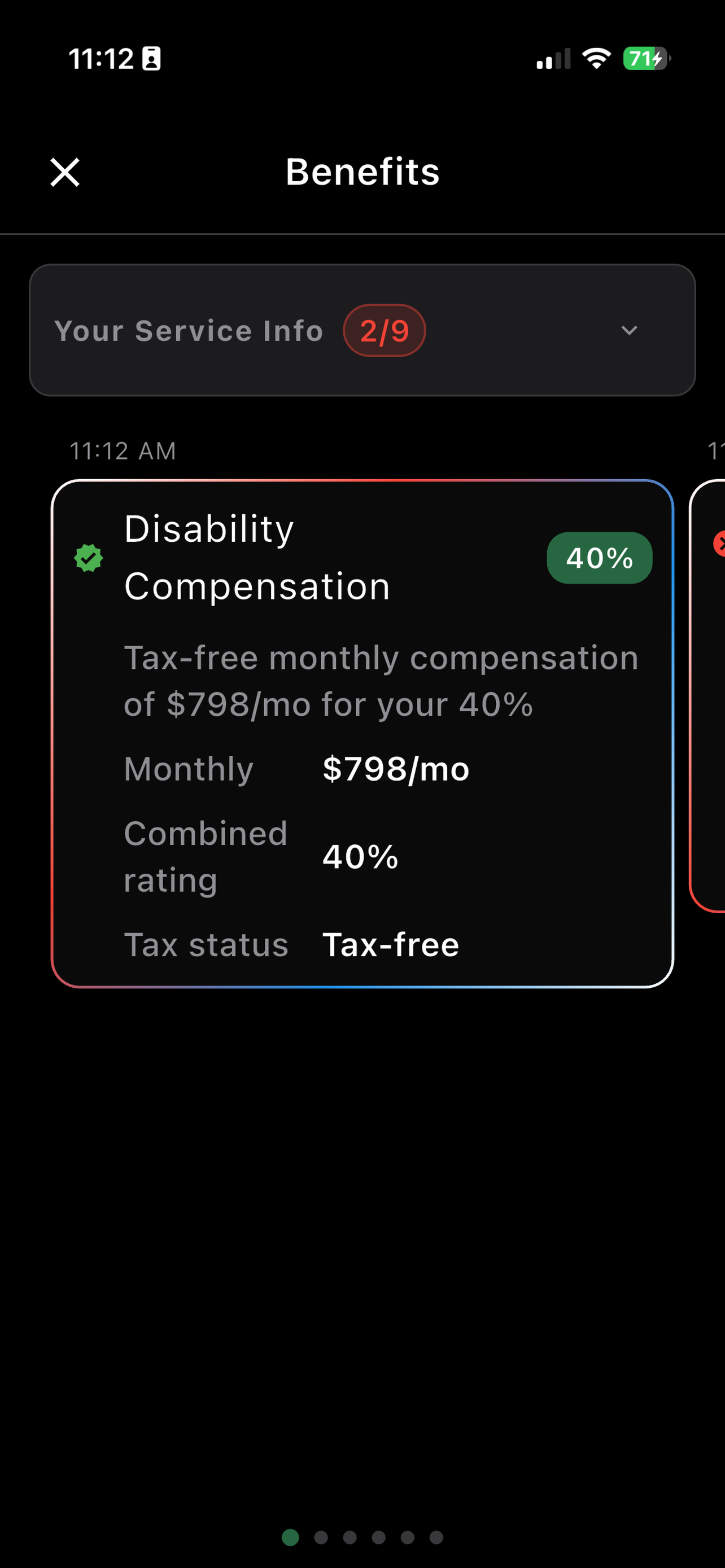 Benefit estimate cards showing disability compensation and GI Bill amounts