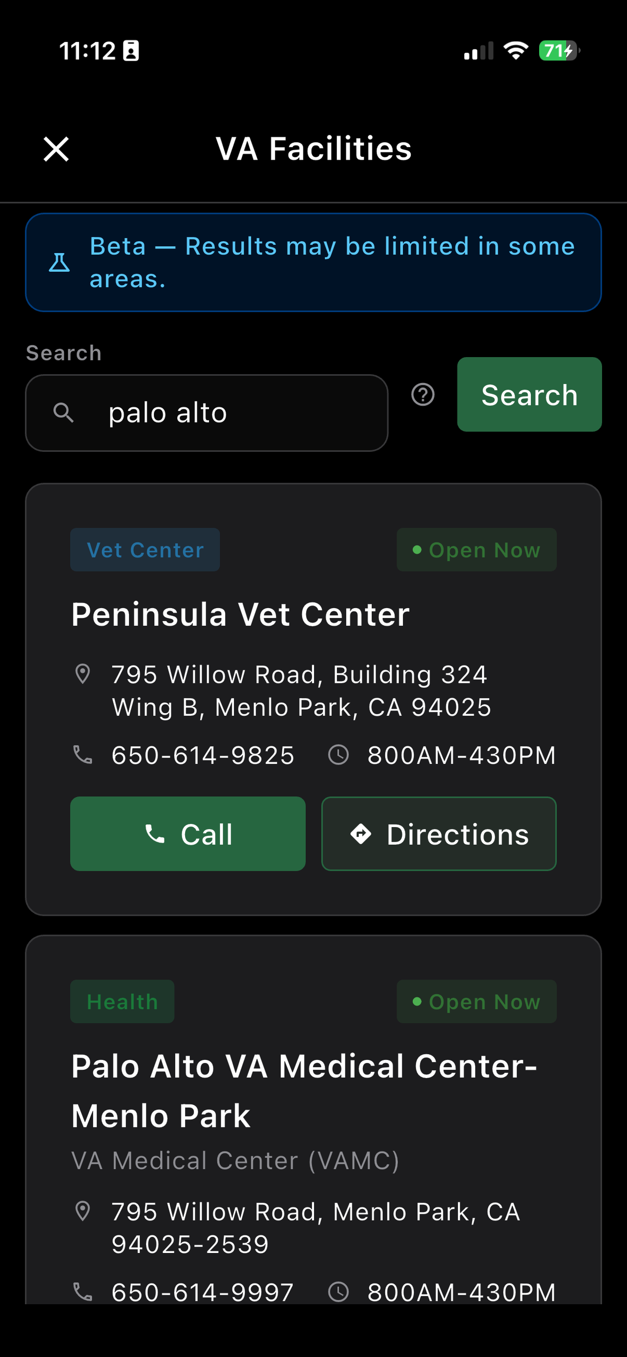 VA facility finder showing nearby hospitals and clinics