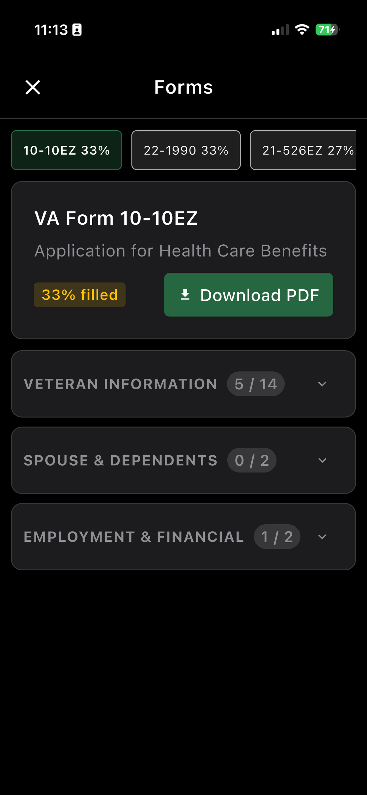 VA form pre-fill showing auto-populated application fields